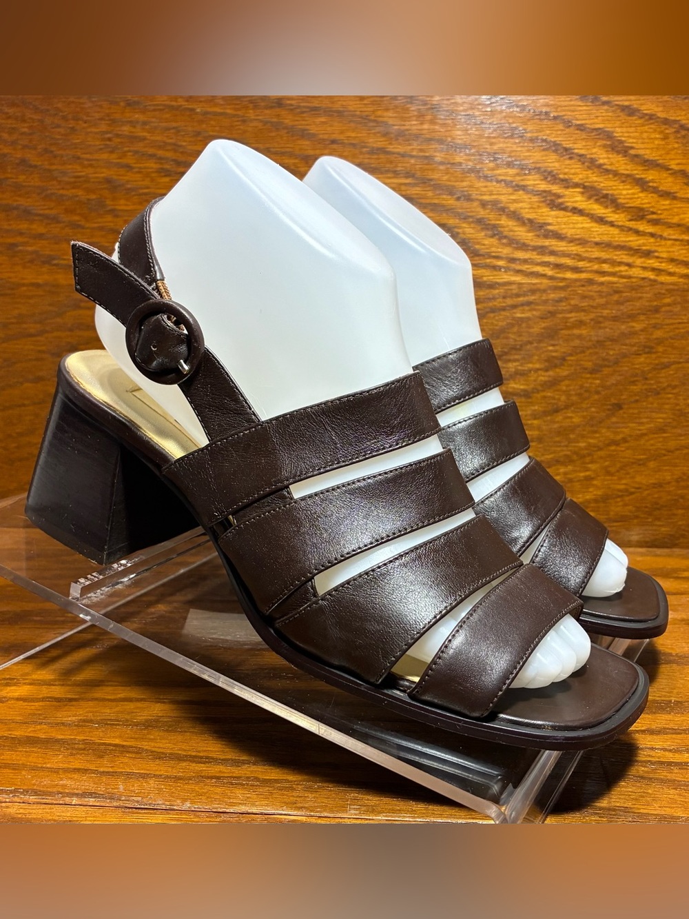 VTG Y2K Pesaro Strappy Block Heel Slingback Sandals Espresso Brown Leather 7.5